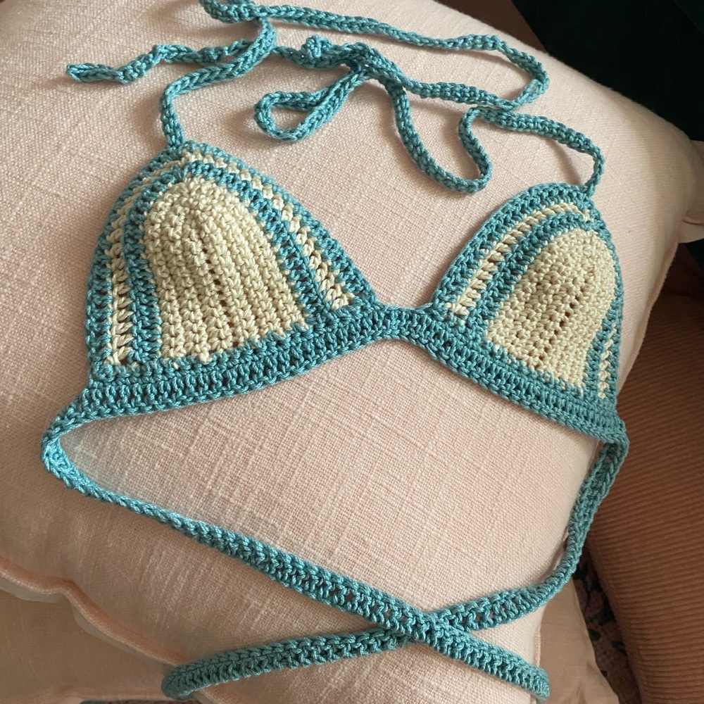 Robbins Nest Blue Handmade Crochet Bikini Top - Women’s Swim - Picture 3 of 4